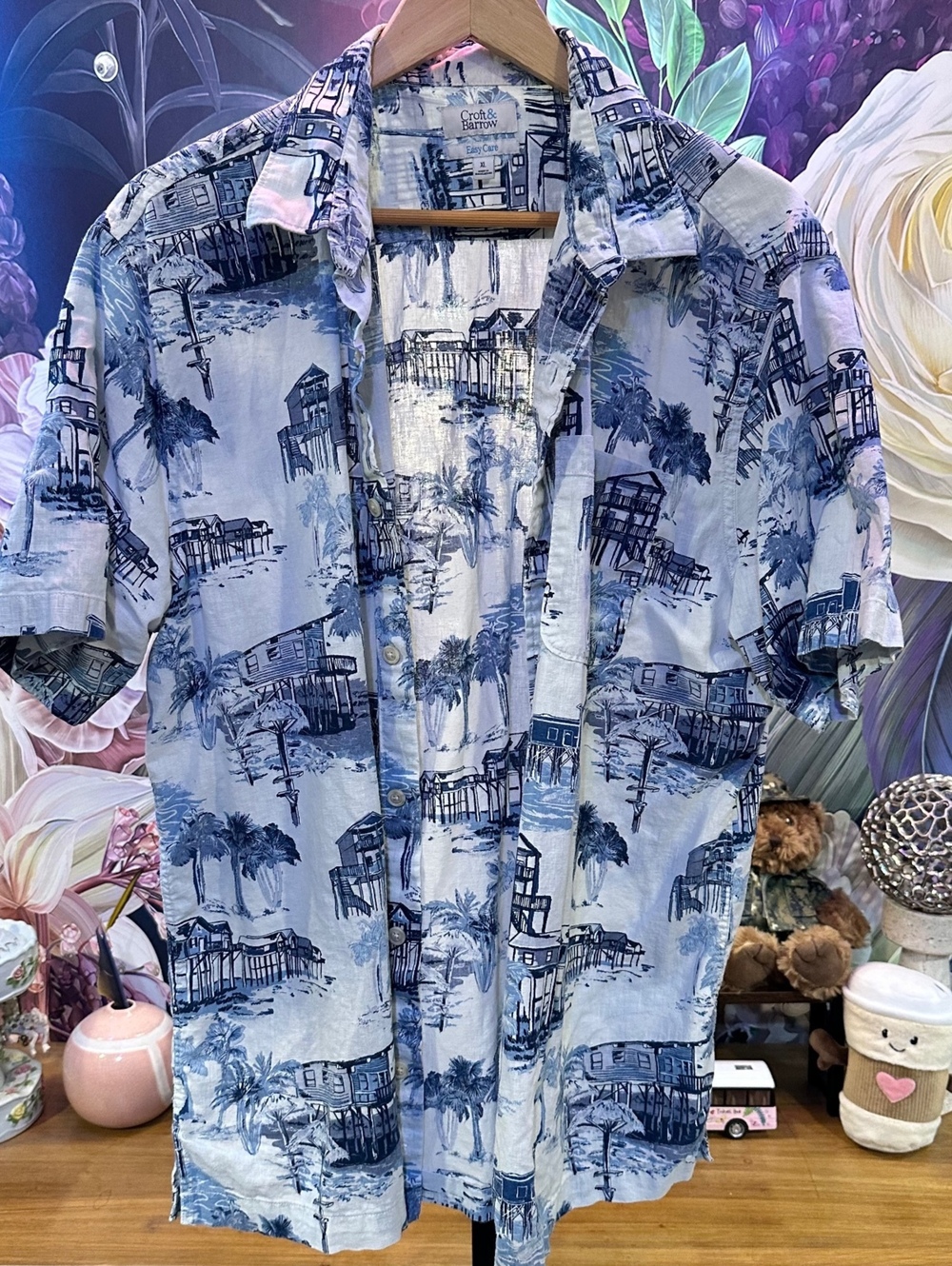 Croft & Barrow XL Linen Blend Beach Print Button Shirt Coastal Resort Blue White